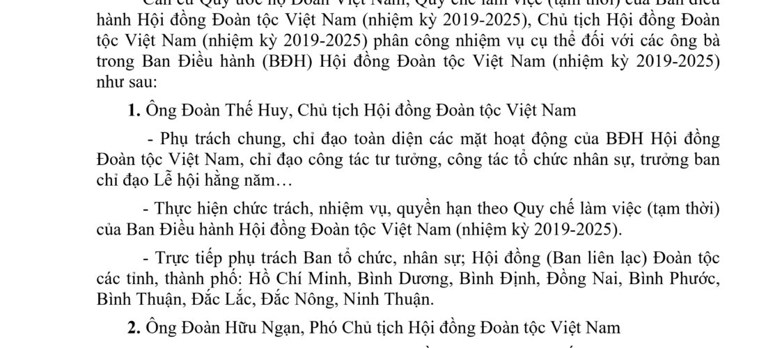 Nhiệm vụ trong lãnh đạo, điều hành Hội đồng Đoàn Tộc Việt Nam (Nhiệm kỳ 2019-2025)