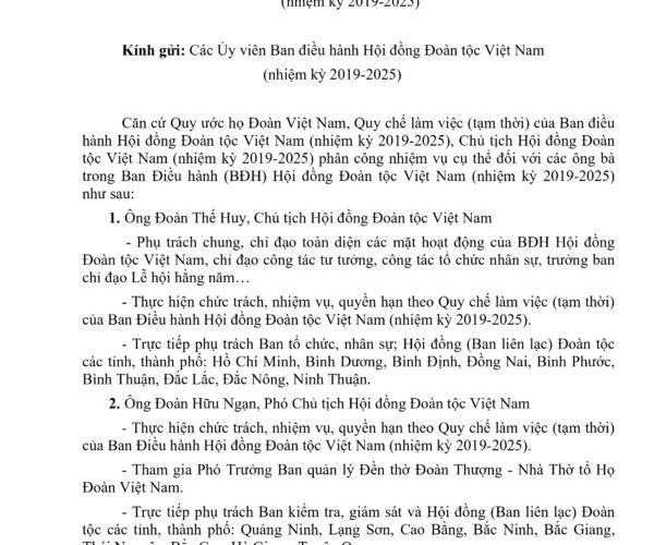 Nhiệm vụ trong lãnh đạo, điều hành Hội đồng Đoàn Tộc Việt Nam (Nhiệm kỳ 2019-2025)