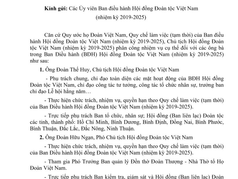 Nhiệm vụ trong lãnh đạo, điều hành Hội đồng Đoàn Tộc Việt Nam (Nhiệm kỳ 2019-2025)