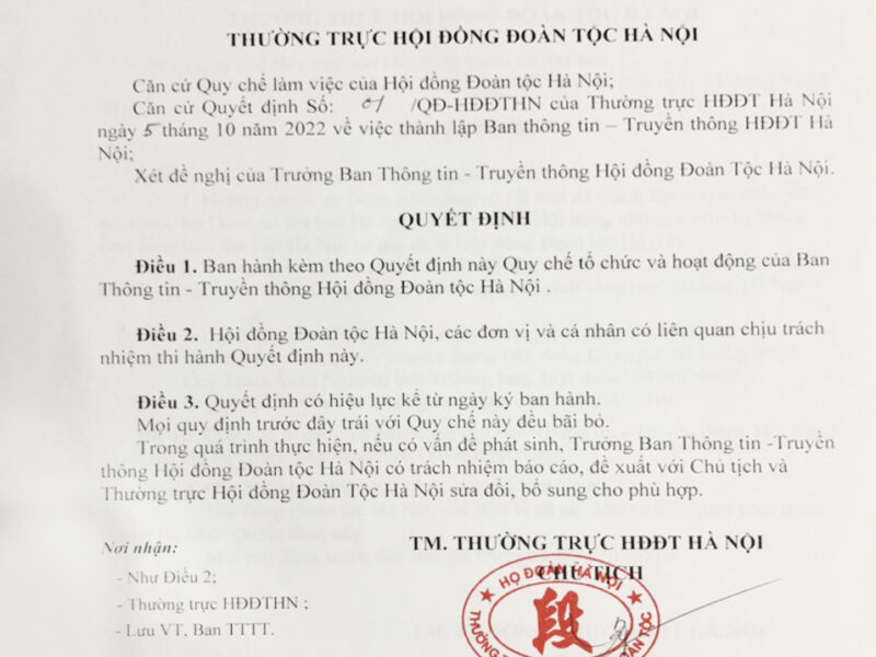 QĐ Ban hành Quy chế tổ chức & hoạt động của Ban Thông tin – Truyền thông Đoàn tộc Hà Nội