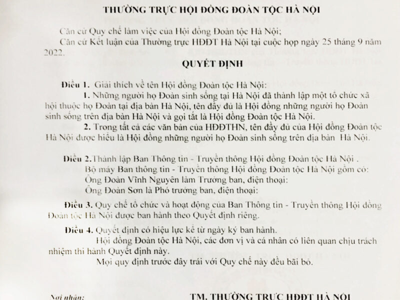 QĐ Thành lập Ban Thông tin – Truyền thông Hội Đồng Đoàn Tộc Hà Nội
