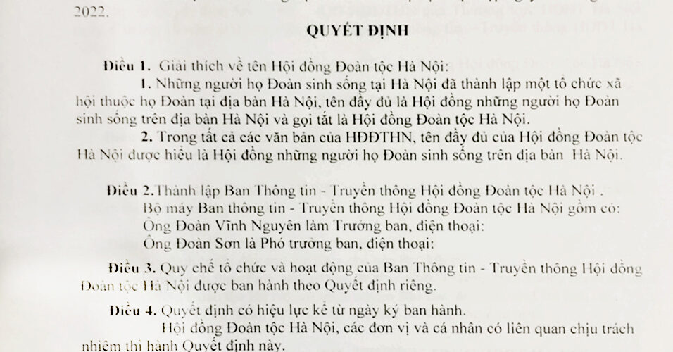 QĐ Thành lập Ban Thông tin – Truyền thông Hội Đồng Đoàn Tộc Hà Nội